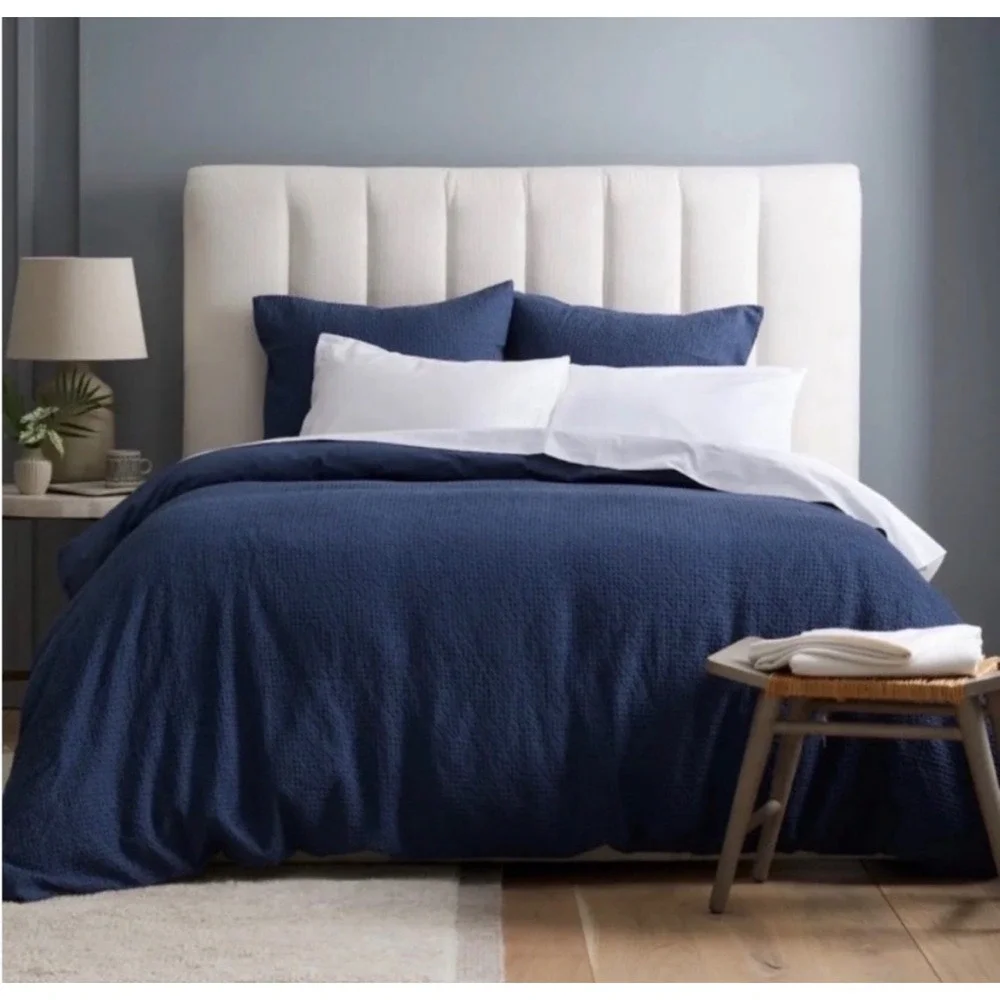 Quince Luxe Honeycomb Duvet Cover Set Queen Indigo Blue 100% Organic Cotton